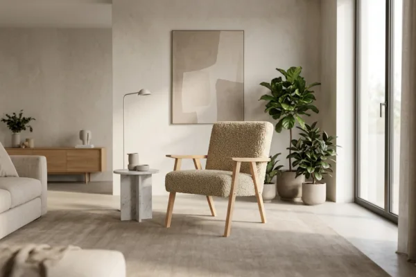 Fotel w stylu PRL krzesło retro vintage beżowy welur Soler Family Meble — komfort