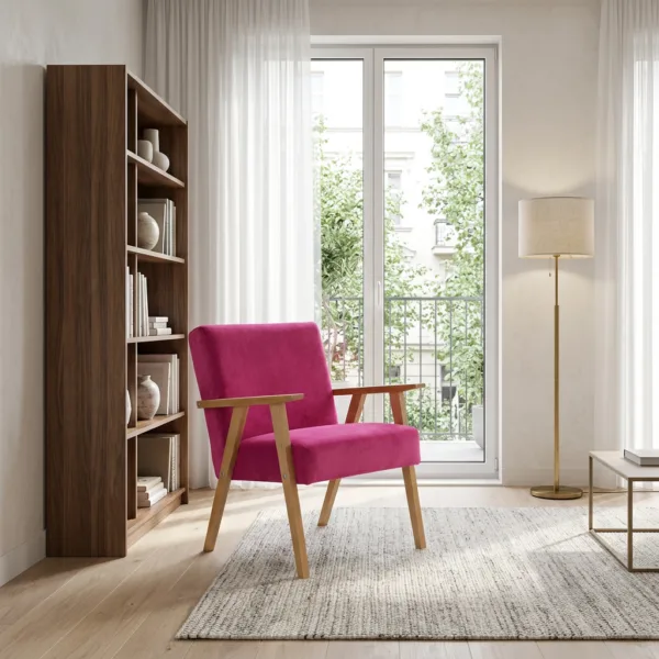 Fotel w stylu PRL krzesło retro vintage różowy fuksja Soler Family Meble — komfort