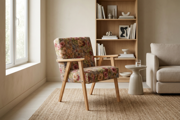 Fotel w stylu PRL retro krzesło vintage różany brązowy Soler Family Meble — komfort