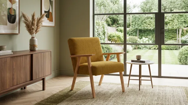 Fotel w stylu PRL retro krzesło vintage welur sztruks żółty Soler Family — komfort