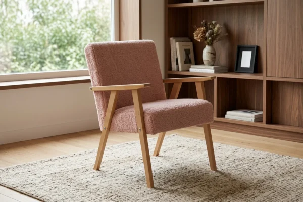 Fotel w stylu PRL retro krzesło vintage welur różowy new Soler Family Meble — komfort