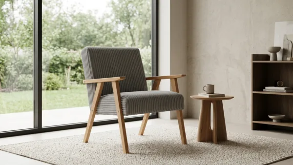 Fotel w stylu PRL retro krzesło vintage sztruks szary j. Soler Family Meble — komfort