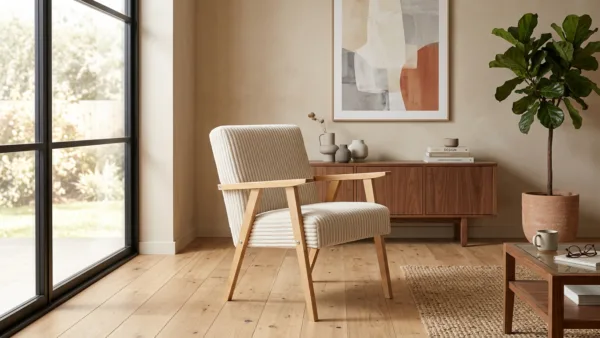 Fotel w stylu PRL retro krzesło vintage sztruks beżowy Soler Family Meble — komfort