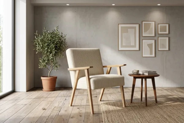 Fotel w stylu PRL retro krzesło vintage szenil welur beż Soler Family Meble — komfort