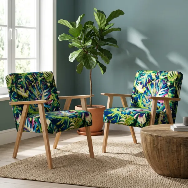 Zestaw 2 foteli w stylu PRL retro krzesło vintage Print zielony Soler — komfort