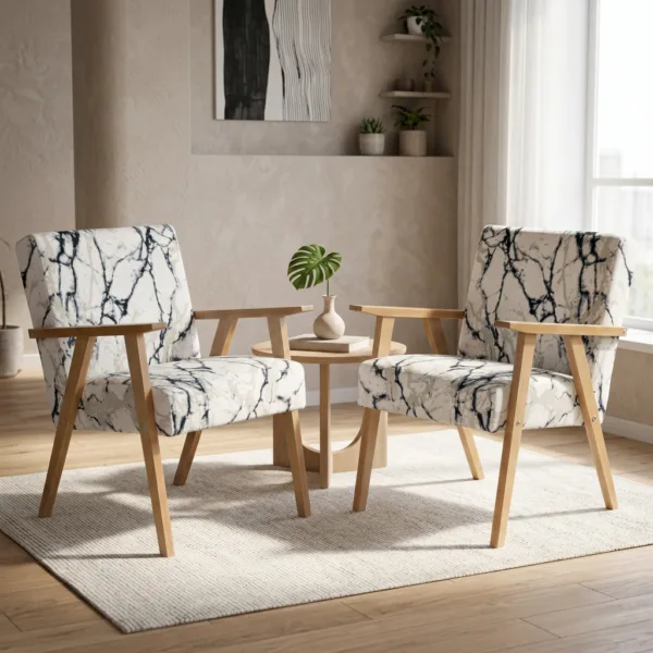 Zestaw 2 foteli w stylu PRL retro krzesło vintage biały marmur Soler Family — komfort