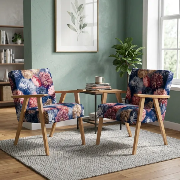 Fotel uszak skandynawski niebieskie piwonie kwiaty wzór Print Family Meble — komfort