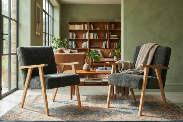 Zestaw 2 foteli w stylu PRL retro krzesło vintage szenil szary Soler Family — komfort