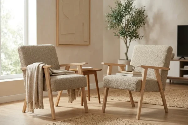 Zestaw 2 foteli w stylu PRL retro krzesło vintage beżowy Soler Family — komfort