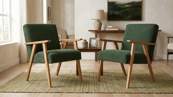 Zestaw 2 foteli w stylu PRL retro krzesło vintage sztruks zielony Soler — komfort