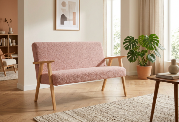Sofa w stylu PRL retro kanapa vintage welur różowy Soler Family Meble — komfort
