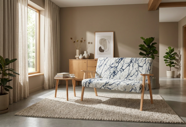 Sofa w stylu PRL retro kanapa vintage welur biały print Soler Family Meble — komfort