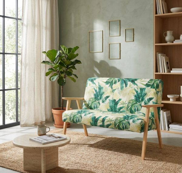 Sofa stylu PRL retro kanapa vintage welur zielony print Soler Family Meble — komfort