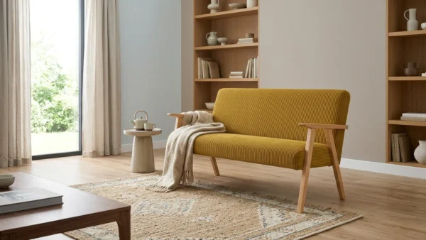 Sofa w stylu PRL retro kanapa vintage welur musztardowy Soler Family Meble — komfort
