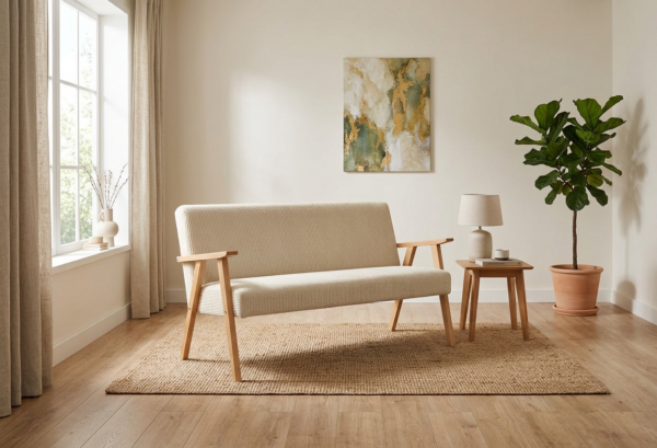 Sofa w stylu PRL retro kanapa vintage szenil welur beż Soler Family Meble — komfort
