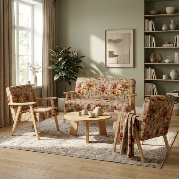 Zestaw wypoczynkowy sofa 2-os 2 fotele retro vintage kwiaty brąz Soler — komfort