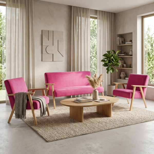 Zestaw wypoczynkowy sofa 2-os 2 fotele retro vintage różowy Soler Family — komfort
