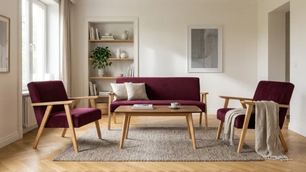 Zestaw wypoczynkowy sofa 2-os 2 fotele burgund welur Soler Family Meble — komfort