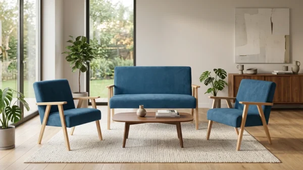 Zestaw wypoczynkowy sofa 2-os 2 fotele retro vintage tkanina niebieski — komfort