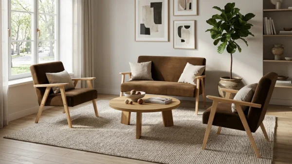 Zestaw wypoczynkowy sofa 2-os 2 fotele brązowy welur Soler Family Meble — komfort