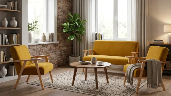 Zestaw wypoczynkowy sofa 2-os 2 fotele welurowy żółty Soler Family Meble — komfort