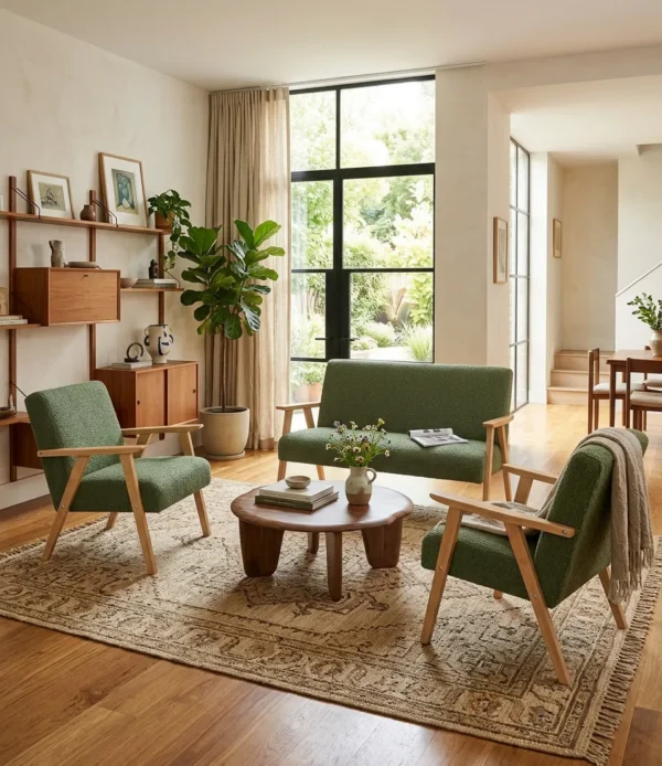 Zestaw wypoczynkowy sofa 2-os 2 fotele Boucla zielony Soler wygodny Family — komfort