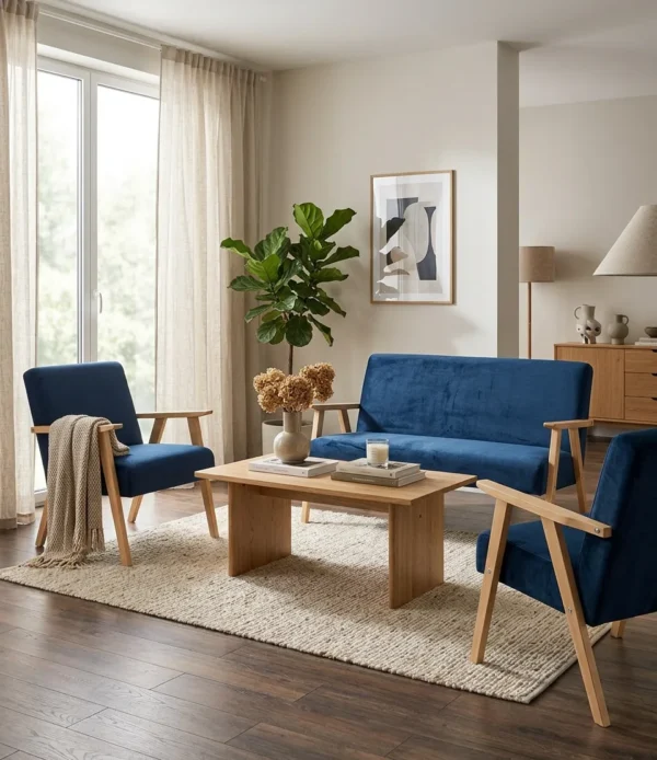 Zestaw wypoczynkowy sofa 2-os 2 fotele tkanina niebieski Soler Family Meble — komfort