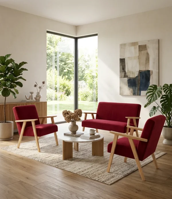 Zestaw wypoczynkowy sofa 2-os 2 fotele welur czerwony Soler Family Meble — komfort