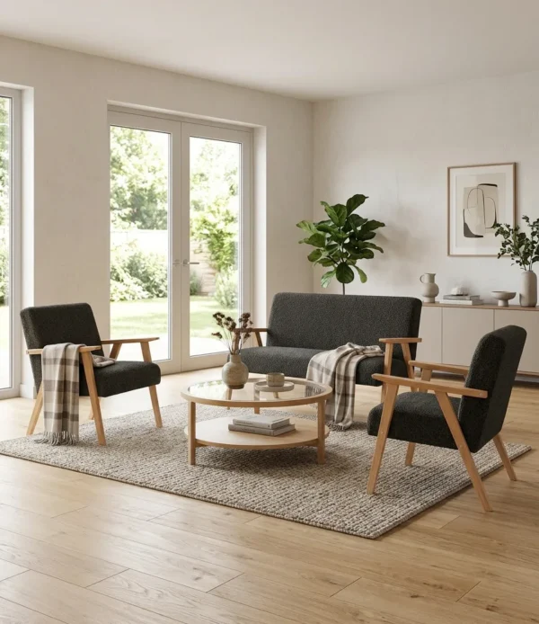 Zestaw wypoczynkowy sofa 2-os 2 fotele tkanina Boucla czarny Soler Family — komfort
