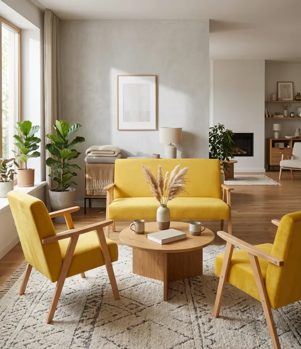 Zestaw wypoczynkowy sofa 2-os 2 fotele retro vintage żółty Soler Family — komfort