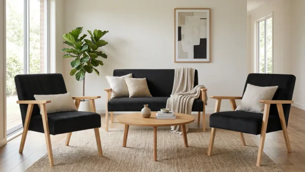 Zestaw wypoczynkowy sofa 2-os 2 fotele retro welwet czarny Soler Family — komfort