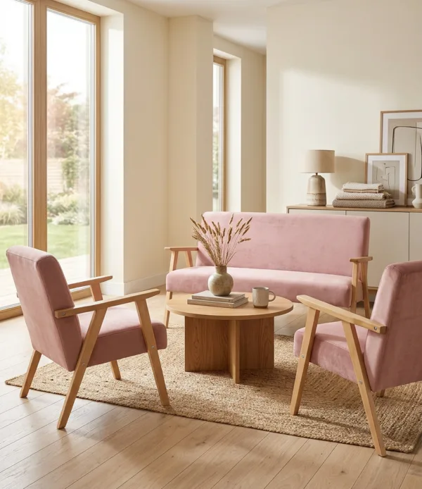 Zestaw wypoczynkowy sofa 2-os 2 fotele retro vintage różowy Soler Family — komfort