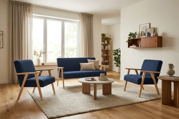 Zestaw wypoczynkowy sofa 2-os 2 fotele Boucla granatowy Soler Family Meble — komfort