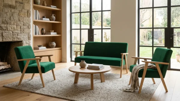 Zestaw wypoczynkowy sofa 2-os 2 fotele retro welur zielony Soler Family — komfort