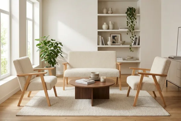 Zestaw wypoczynkowy sofa 2-os 2 fotele retro vintage szenil welur beż Soler — komfort