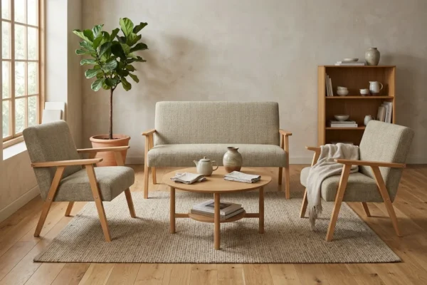 Zestaw wypoczynkowy sofa 2-os 2 fotele retro vintage szenil beżowy Soler — komfort