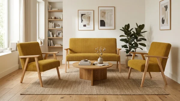 Zestaw wypoczynkowy sofa 2-os 2 fotele welur musztardowy Soler Family Meble — komfort