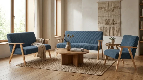 Zestaw wypoczynkowy sofa 2-os 2 fotele welur granatowy Soler Family Meble — komfort
