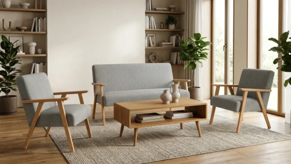 Zestaw wypoczynkowy sofa 2-os 2 fotele retro vintage welur szary Soler — komfort