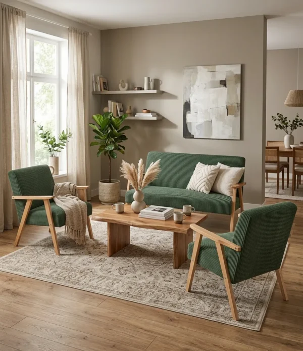 Zestaw wypoczynkowy sofa 2-os 2 fotele welur zielony Soler Family Meble — komfort
