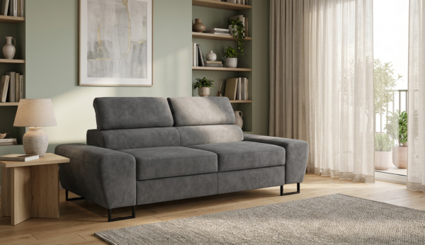Kanapa sofa rozkładana f spania reg zagłówek welur szary Savio 2 os Family — komfort