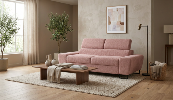 Kanapa sofa rozkładana f spania reg zagłówek welur różowy Savio 2 os Family — komfort