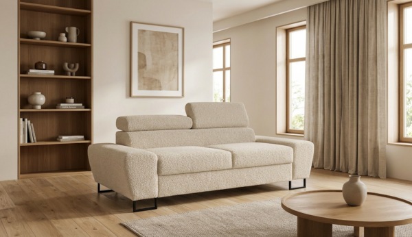 Kanapa sofa rozkładana f spania reg zagłówek welur beżowy Savio 2 os Family — komfort