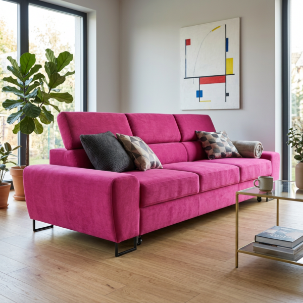 Kanapa sofa rozkładana f spania reg zagłówek różowy Savio 3 os Family Meble — komfort