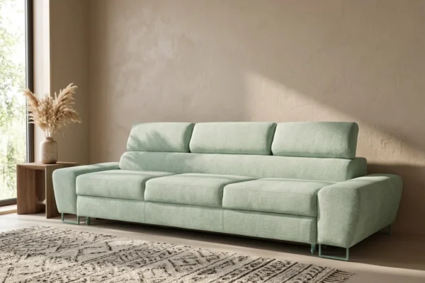 Kanapa sofa rozkładana f spania reg zagłówek pistacjowy Savio 3 os Family — komfort