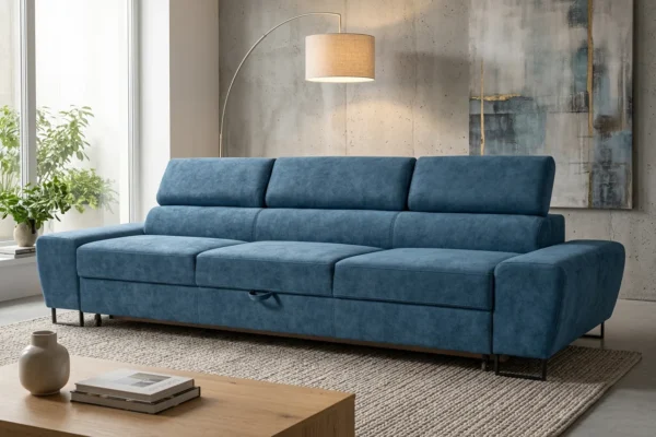 Kanapa sofa rozkładana f spania reg zagłówek niebieski Savio 3 os Family — komfort
