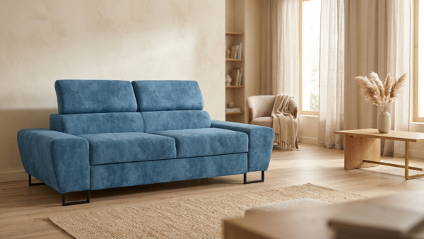 Kanapa sofa rozkładana f spania reg zagłówek welur niebieski Savio 2 os — komfort