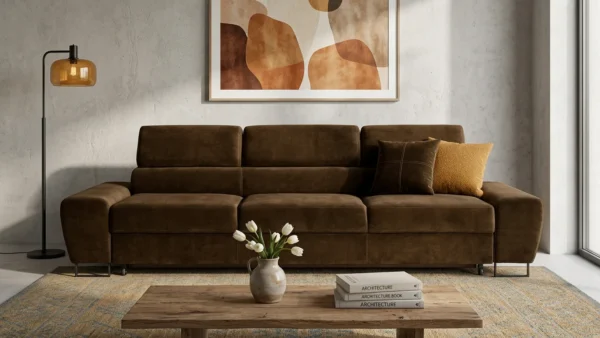 Kanapa sofa rozkładana f spania reg zagłówek brązowy Savio 3 os Family — komfort
