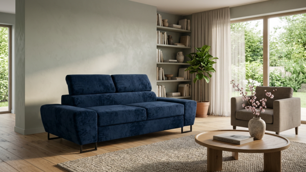 Kanapa sofa rozkładana f spania reg zagłówek welur niebieski Savio 2 os — komfort