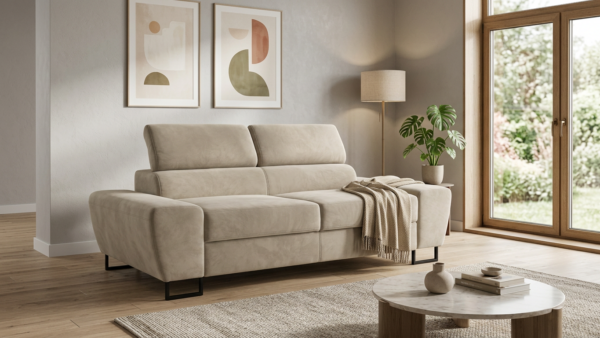 Kanapa sofa rozkładana f spania reg zagłówek welur szary Savio 2 os Family — komfort